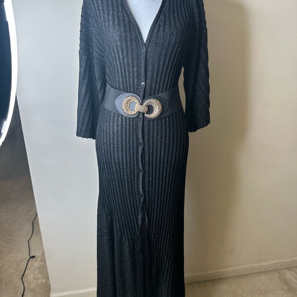 Zara Black and gold sparkly Sheath Maxi Dress V-Neck 3/4 Sleeve